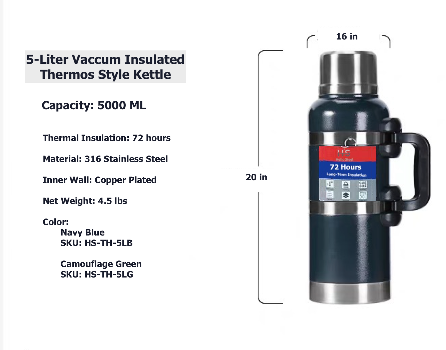 5-Liter Vaccum Insulated Thermos Style Kettle- 72 Hours Thermal Insula –  HelloPharma