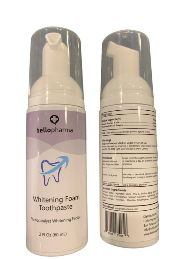 (2 Pack) HelloPharma Whitening Foam Toothpaste with Photocatalyst Whitening Factor - 2 Oz